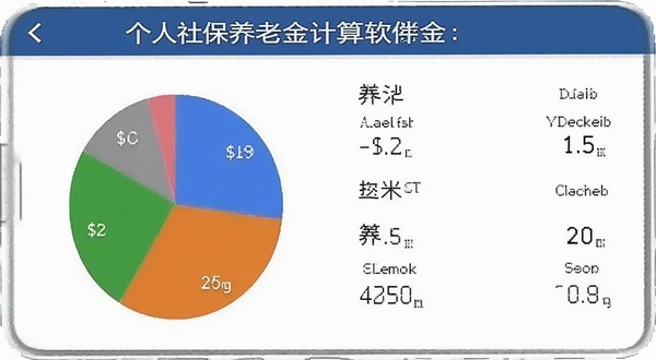 个人社保养老金计算软件测算结果页面,展示饼状图与数字明细,手机界面清晰,背景为白色,突出养老金计算功能