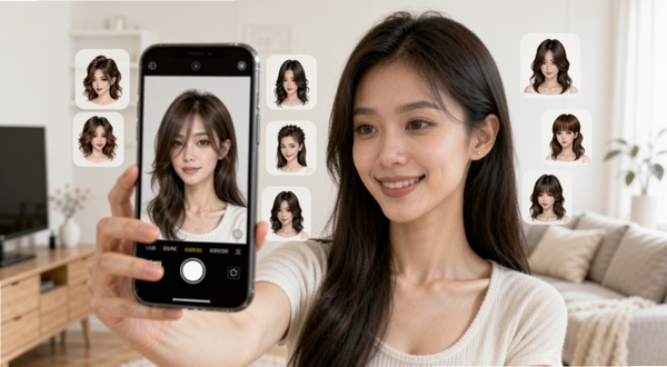 简艺美发智能换发功能演示,画面中一位年轻女性正用手机拍摄自拍,手机屏幕显示发型试戴效果,周围漂浮多种发型缩略图,背景为简约居家环境,光线柔和自然