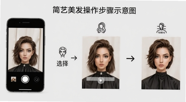 简艺美发操作步骤示意图,画面展示手机屏幕从拍照到选择发型再到预览效果的流程,配有简洁图标与箭头指引,背景为浅灰色,风格清晰直观