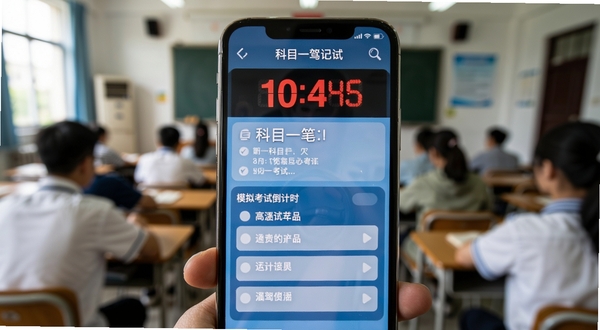 科目一笔记 模拟考试倒计时界面 手机屏幕显示考试题目与选项 红色倒计时醒目 背景为考场教室虚化 画面紧张但有序 驾考氛围