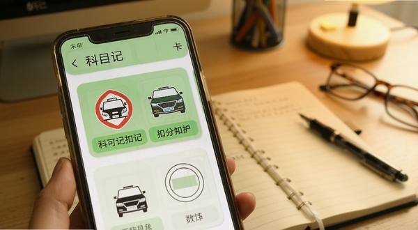 科目一笔记 速记口诀卡片界面 手机屏幕显示交通标志与扣分口诀 清新绿色调 卡片式布局 背景为书桌与笔记本 画面温暖 学习氛围浓厚