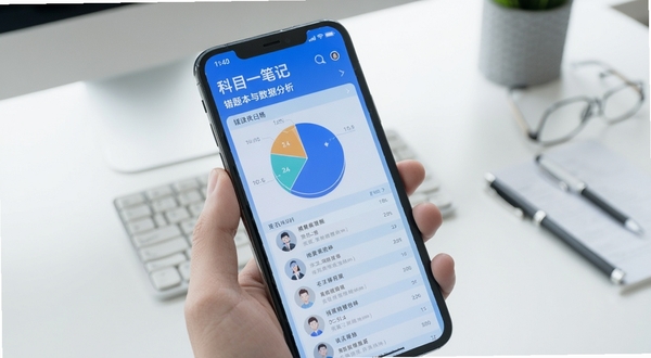 科目一笔记 错题本与数据分析界面 手机屏幕展示饼状图与错题列表 蓝色科技感 背景为简约办公桌 画面干净 数据可视化清晰