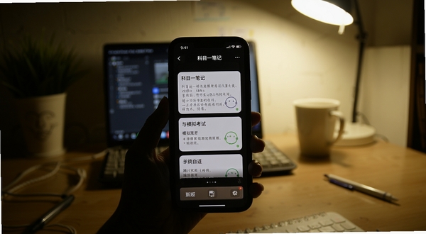 科目一笔记 最新版界面预览 手机屏幕展示速记卡片与模拟考试 深色模式 背景为夜间书桌 画面安静 学习氛围