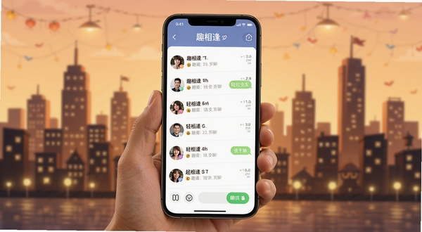 趣相逢 社交聊天界面展示 手机屏幕中央为聊天列表 背景为暖色调城市剪影 突出轻松交友氛围