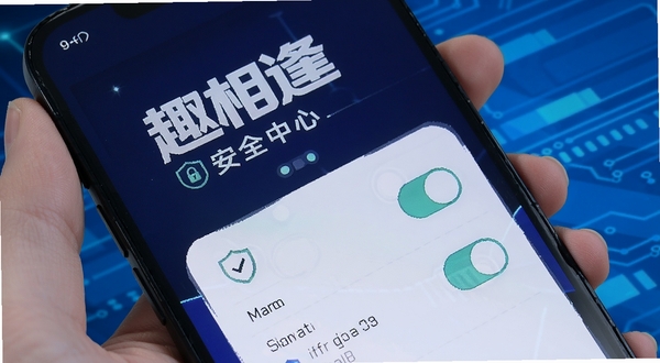 趣相逢 安全中心页面 手机屏幕显示隐私设置开关 盾牌图标 背景为科技蓝色调