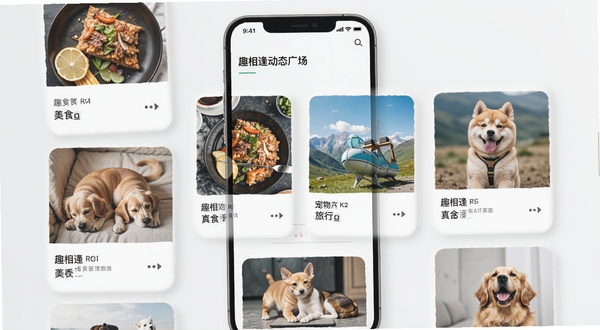 趣相逢动态广场页面,手机界面展示图文卡片流,包含美食、旅行、宠物等生活化内容,背景为浅灰色,卡片带有圆角与阴影,整体视觉简洁明快