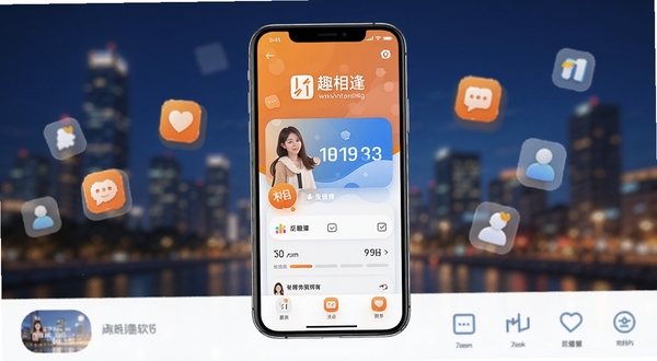 趣相逢软件主界面全貌展示,画面主体位于中央区域,以明亮温暖的橙蓝色调为主,背景为模糊的城市夜景与社交图标点缀,整体风格清新现代,适配手机应用商店展示图