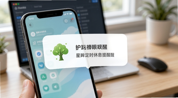 星眸定时休息提醒功能展示,手机屏幕弹出温馨的护眼提醒卡片,卡片上有绿色小树图标和远眺提示文字,背景是模糊的办公桌面场景,画面传递出健康用眼的理念
