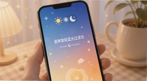 星眸智能蓝光过滤功能界面,手机屏幕显示从冷色调到暖色调的渐变过渡效果,屏幕上方有太阳和月亮的图标表示日夜模式切换,整体画面色调柔和温馨