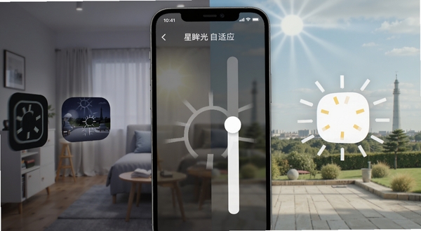 星眸环境光自适应功能示意图,手机屏幕显示自动亮度调节滑块,左侧是暗光环境图标,右侧是强光环境图标,屏幕亮度条随环境变化自动滑动,背景是室内外光线对比场景