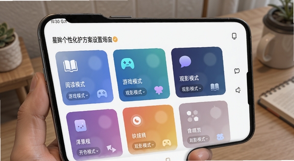 星眸个性化护眼方案设置界面,手机屏幕上显示多个场景卡片,包括阅读模式、游戏模式、观影模式等,每个卡片配有对应的图标和色彩方案,界面设计简洁直观