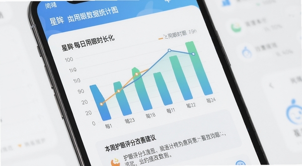 星眸用眼数据统计图表界面,手机屏幕显示柱状图和折线图展示每日用眼时长变化,图表配色清新,下方有本周护眼评分和改善建议文字,整体风格专业且易读