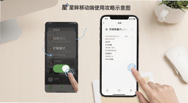 星眸移动端使用攻略示意图,手机屏幕展示权限设置页面和护眼模式开关,旁边有手指点击操作的示意,背景是简洁的浅色桌面,整体画面清晰易懂