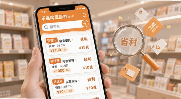 乐播购优惠券搜索功能界面,手机屏幕显示搜索框与多条优惠券结果列表,每条结果带有折扣标签和返利金额,背景为柔和的橙白配色,画面右侧漂浮着放大镜与标签元素,整体突出搜索与省钱主题