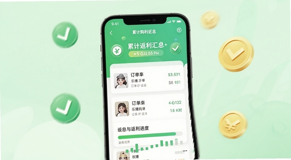 乐播购返利订单追踪页面,手机屏幕展示订单列表与返利进度条,顶部有累计返利金额汇总,背景为淡绿色调,画面中点缀对勾与金币图标,传达安心与收益感