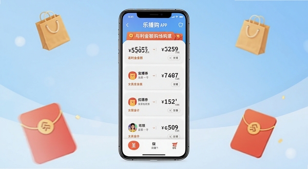 乐播购APP主界面全貌展示,画面中央为手机屏幕正视图,屏幕内呈现购物优惠券列表与返利金额数字,背景为浅蓝色渐变与购物袋、红包图标点缀,整体风格简洁明快,突出省钱购物主题