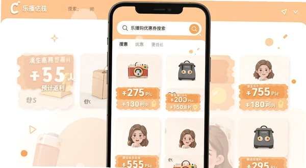 乐播购优惠券搜索界面,手机屏幕显示搜索框与多个商品卡片,每张卡片上有优惠券面额和预计返利金额,画面采用扁平化设计风格,背景为白色与淡橙色搭配,突出优惠力度