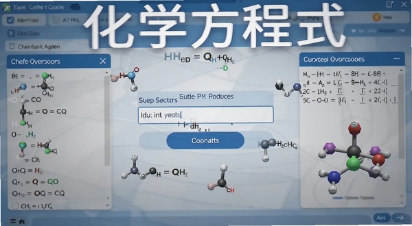 化学方程式软件界面截图,中央显示智能配平引擎的输入框与计算按钮,左侧是化学式查询面板,右侧展示配平结果与分子模型,整体界面以蓝白配色为主,风格清爽简洁,屏幕上方标注化学方程式字样