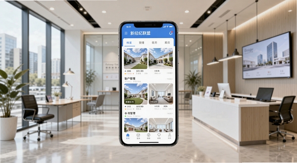 新经纪联盟应用界面全景展示,画面中央为手机屏幕呈现房源列表与客户管理模块,背景区域为现代房产中介门店办公场景,整体色调明亮专业,适配Boogu模型生成
