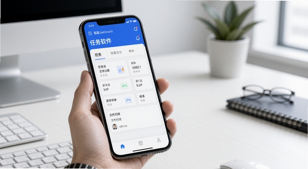 链赢软件功能界面展示,手机屏幕中呈现任务看板与文件归档模块,整体色调为科技蓝与白色搭配,背景为简约办公桌面,光线柔和,细节清晰,突出移动办公场景