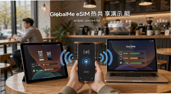 GlocalMe eSIM热点共享功能演示图,画面中一部手机开启热点,周围有平板电脑和笔记本电脑通过无线信号连接,屏幕上显示已连接设备图标与流量分配比例,背景为现代咖啡馆环境,整体色调温暖舒适