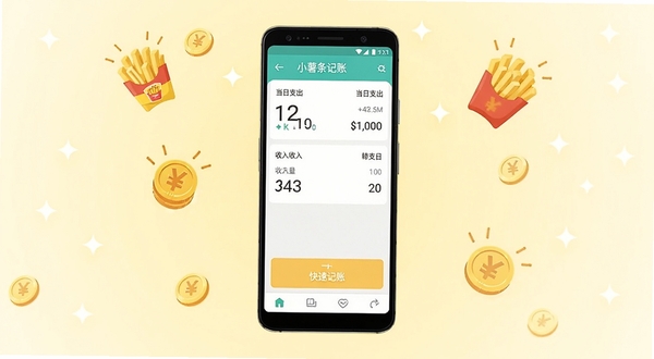 小薯条记账 软件核心全貌展示图,画面主体为一台竖屏安卓手机,手机屏幕中央清晰展示小薯条记账的首页界面,包含当日支出、收入概览与快捷记账按钮,背景区域为柔和的浅黄色渐变,四周点缀简约的薯条与金币图标,整体风格清新明快,适配Boogu模型生成
