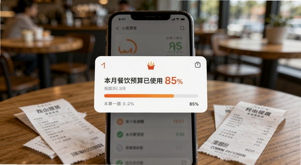 小薯条记账 预算提醒功能示意图,画面主体为一部手机弹出预算预警通知卡片,卡片上显示“本月餐饮预算已使用85%”字样与进度条,背景区域为虚化的咖啡厅场景,桌面散落几张收据,突出提醒的及时性与生活化