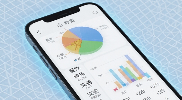 小薯条记账 智能图表分析界面图,画面主体为手机屏幕中展示色彩分明的饼状图与柱状图,图表下方列出餐饮、娱乐、交通等分类占比数据,背景区域为淡蓝色网格纹理,屏幕边缘有柔和光晕,体现数据分析的专业感与科技感