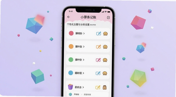 小薯条记账 个性化主题与分类设置界面图,画面主体为手机屏幕展示分类管理列表,每个分类旁有可编辑的彩色圆点与图标,背景区域为淡紫色渐变并飘浮着几何图形,整体风格活泼且富有定制感