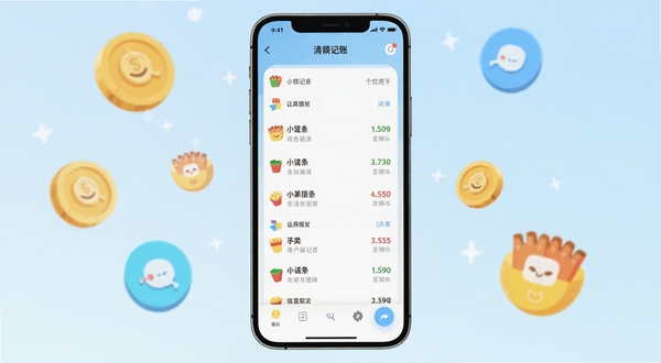 小薯条记账 软件主界面 清爽记账列表 手机屏幕居中展示 背景为淡蓝色渐变 周围漂浮金币与分类图标 扁平化插画风格 明亮柔和光线