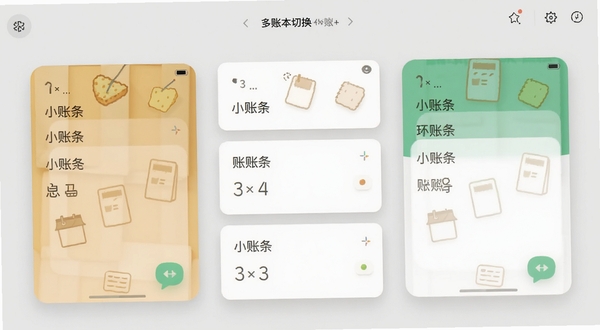 小薯条记账 多账本切换界面 三个账本卡片纵向排列 背景为浅灰色 极简卡片设计 柔和阴影