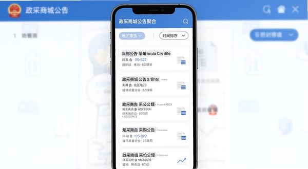政采商城公告聚合功能界面,手机屏幕展示多条采购公告列表,带有地区筛选标签与时间排序按钮,画面以政务蓝为主色调,背景干净整洁,突出信息聚合的便捷性