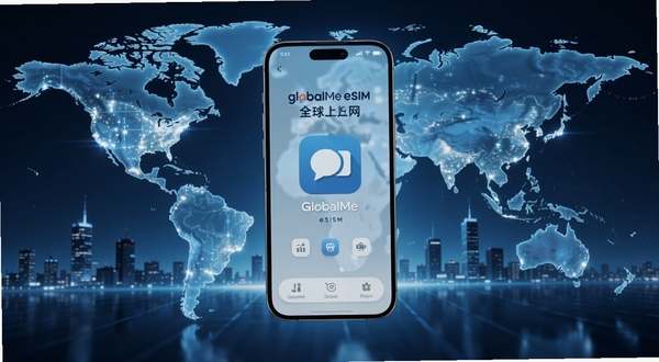 GlocalMe eSIM 全球上网应用主界面展示,手机屏幕居中悬浮,背景为世界地图光影与城市天际线,蓝色科技感色调,高清细节,3D渲染风格