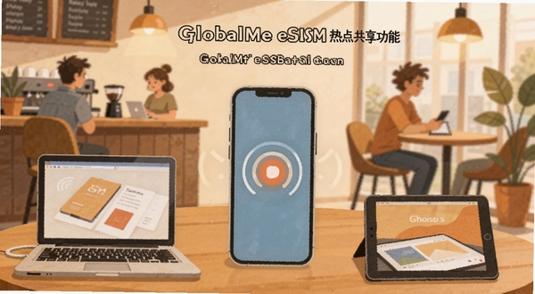 GlocalMe eSIM 热点共享功能示意图,手机作为热点中心,周围环绕笔记本电脑和平板电脑,背景为咖啡厅环境,温馨暖色调,扁平插画风格
