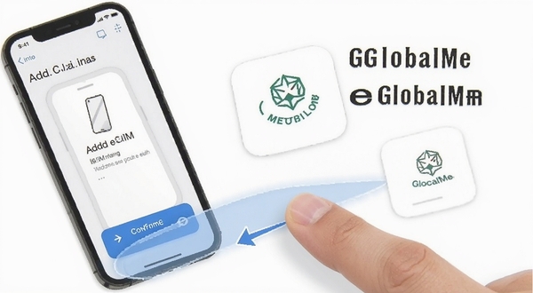 GlocalMe eSIM 安装步骤示意图,手机屏幕显示添加蜂窝计划界面,手指点击确认按钮,背景简洁白色,图标清晰,教程风格