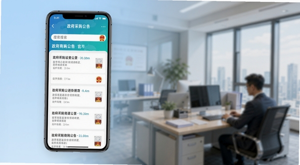 政采商城 官方应用界面展示图 手机屏幕中显示政府采购公告列表与搜索框 背景为浅蓝色渐变商务风格 屏幕主体位于画面中央偏左 背景区域为模糊的办公场景虚化处理 整体色调沉稳专业