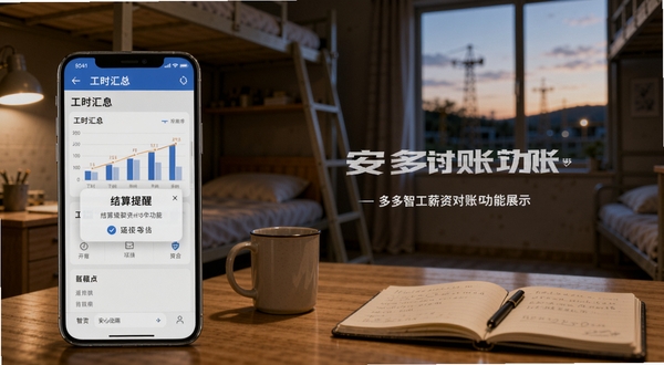 多多智工薪资对账功能展示,画面中手机屏幕显示工时汇总图表和结算提醒弹窗,背景是傍晚的工地宿舍,桌上有水杯和笔记本,氛围生活化,突出安心记账的场景