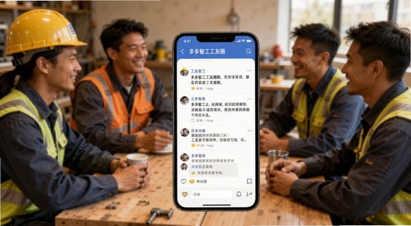 多多智工工友圈界面,画面中手机屏幕显示帖子列表和评论互动区域,背景是工友们围坐聊天的场景虚化处理,色调偏暖,突出社区互助氛围