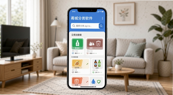 甬城分类软件智能搜索识别功能界面展示,手机屏幕中显示搜索框和垃圾分类结果,背景是整洁的客厅环境,柔和自然光,扁平化UI风格
