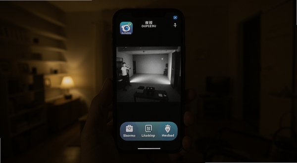 夜视手电筒软件主界面全貌展示,画面中央是手机屏幕显示夜视增强画面,背景为昏暗的室内环境,突出软件图标与核心功能按钮,光线柔和,细节清晰,适配Boogu模型生成