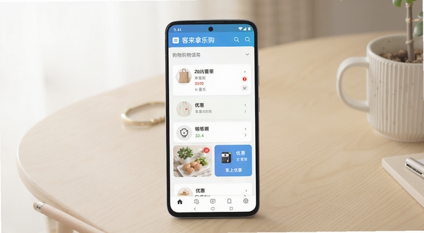 画面主体为一部安卓手机竖屏展示客徕拿乐购应用主界面,界面中央为购物清单与优惠卡片布局,背景区域为浅色家居桌面环境,柔和自然光从左侧照射,整体风格清新简洁,突出掌上购物工具的核心全貌