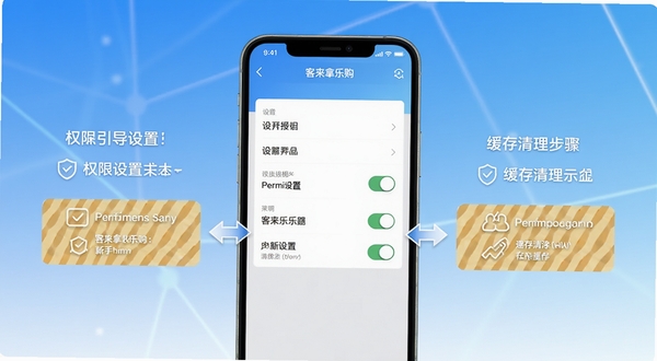 客徕拿乐购应用在新手引导页面展示权限设置与缓存清理步骤的示意图,画面主体为手机屏幕中显示设置菜单与权限开关,背景为简洁的蓝色渐变,突出操作指引的清晰感