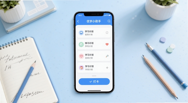 ��ѧС��������������ȫòչʾ����������Ϊ�ֻ���Ļ����ͼ����Ļ�ڳ���ѧϰ�ƻ��б���򿨰�ť����������Ϊǳ��ɫ��������������������ɢ��ʼǱ���Ǧ�ʣ����������¼�Լ���ʺϽ�������������ͼ