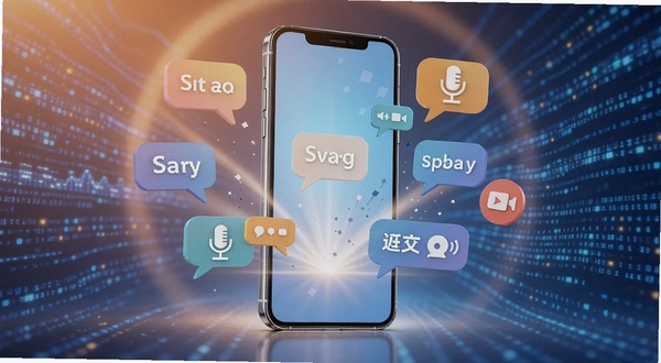 陪陪软件功能展示图,画面中央是一部巨大的手机,屏幕散发出光芒,光芒中飞出文字气泡、麦克风图标和视频通话图标,这些元素环绕着手机飞舞,背景是抽象的蓝色数据流与暖色光晕交织,风格为3D渲染科技感,体现多元化社交互动的活力