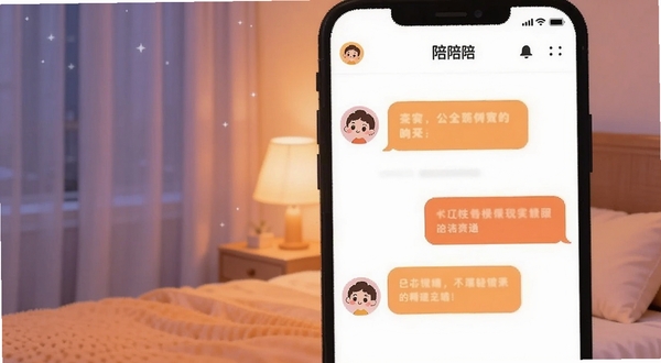 整体画面呈现一个温馨的夜晚卧室场景,主体是智能手机屏幕特写,屏幕中显示着名为陪陪的APP聊天界面,界面中有可爱的卡通头像和温暖的对话气泡,背景是柔和的床头灯光和模糊的窗帘,整体色调为暖橙色与浅紫色渐变,风格为现代扁平化插画,突出社交陪伴的温馨氛围