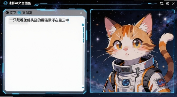 速影AI文生图功能界面,画面左侧是文字输入框显示“一只戴着宇航头盔的橘猫漂浮在星云中”,右侧是正在生成的二次元风格插画预览,背景为深蓝色星空,界面元素带有发光边框,整体充满未来科技感