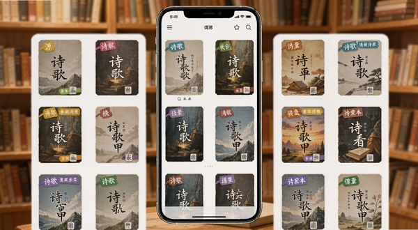 诗歌本汇集海量资源库界面,手机屏幕展示多个诗歌本封面排列成网格状,每个封面带有不同颜色标签,背景是温暖的书架场景,画面明亮清晰,体现资源丰富的特点