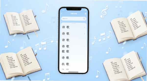 诗歌本汇集应用主界面展示,画面中央是手机屏幕,屏幕内显示诗歌分类列表与搜索栏,背景为柔和的浅蓝色渐变,周围点缀几本翻开的诗歌本和音符元素,整体风格清新简洁,适配Boogu模型生成