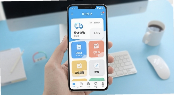 拜托生活软件主界面展示,画面主体为一部竖屏安卓手机,手机屏幕中央显示拜托生活App的首页卡片式布局,包含快递查询、记账本、日程提醒等功能图标,背景为淡蓝色渐变桌面环境,整体风格清新简洁,适配Boogu模型生成