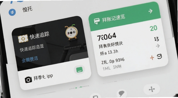 拜托生活App卡片式功能面板特写,手机屏幕显示快递追踪卡片和记账速览卡片并排排列,卡片带有圆角阴影,背景为浅灰色安卓系统界面,画面干净整洁,体现拜托生活的轻量化设计理念